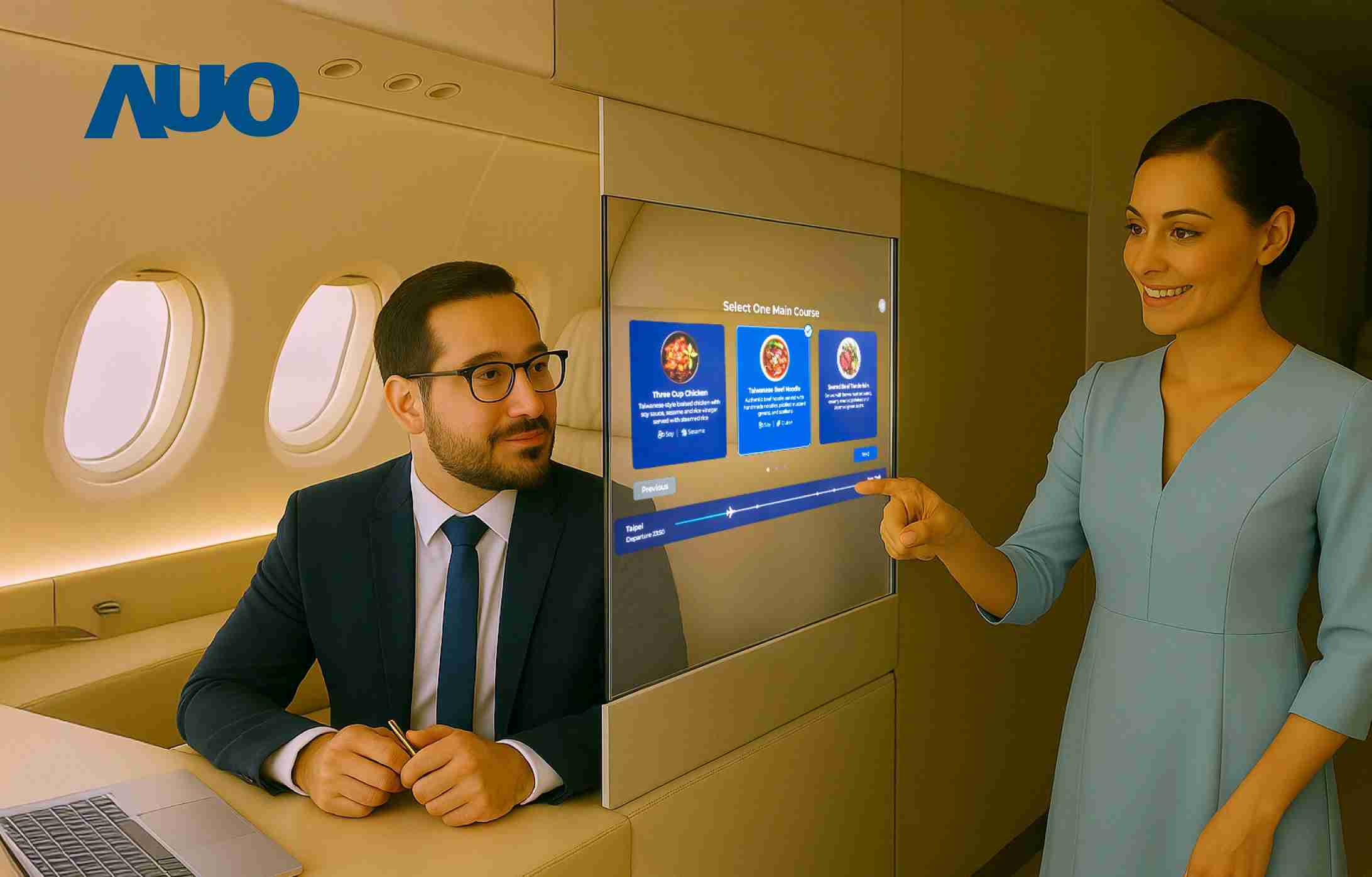 壹号平台研发全球最薄17.3 吋双面透明 Micro LED 显示器，，可在同一屏幕之双边投射不同信息，，创造独特的”透明化”互动；图为实时翻译交流应用情境